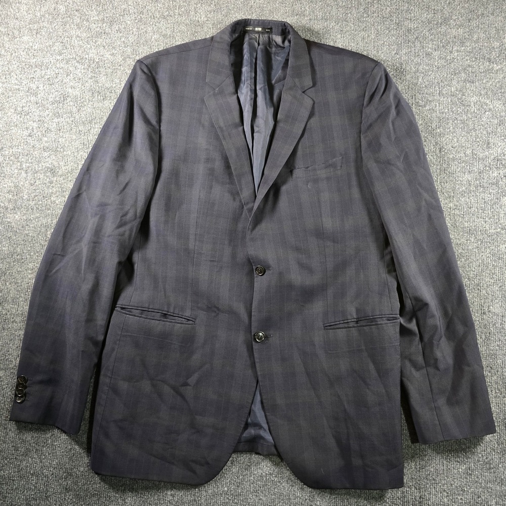Hugo Boss Mens Navy Shadow Plaid 2 Button Suit Jacket Blazer 44L Union USA Made